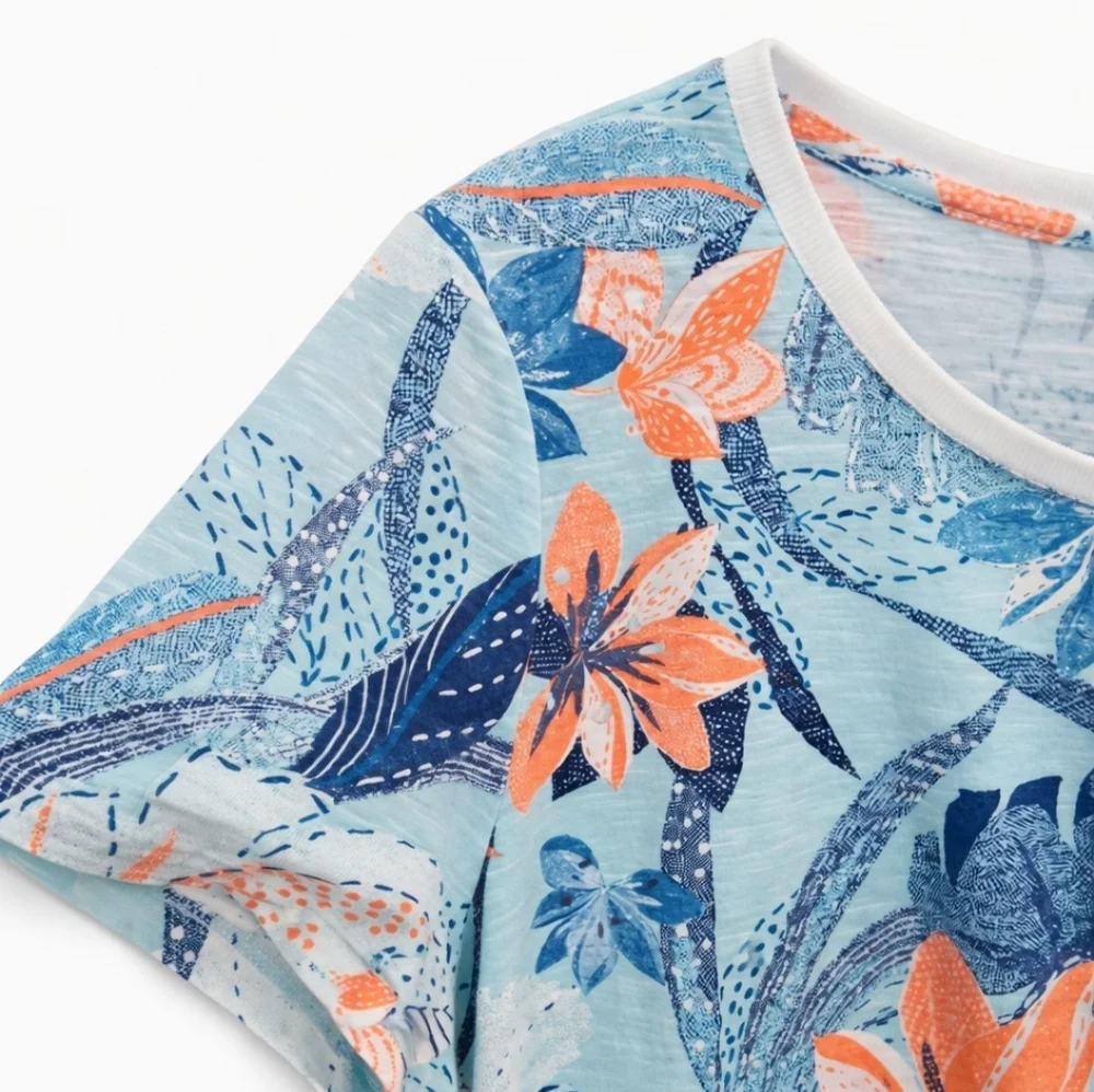 Chicos Blue Floral Short Sleeve Cotton Tee Sz 2 (Lg)